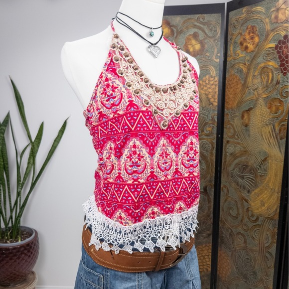 Handmade Pink Embroidered Halter Top - Crochet Lace Trim Y2K Boho - Small - Picture 2 of 6